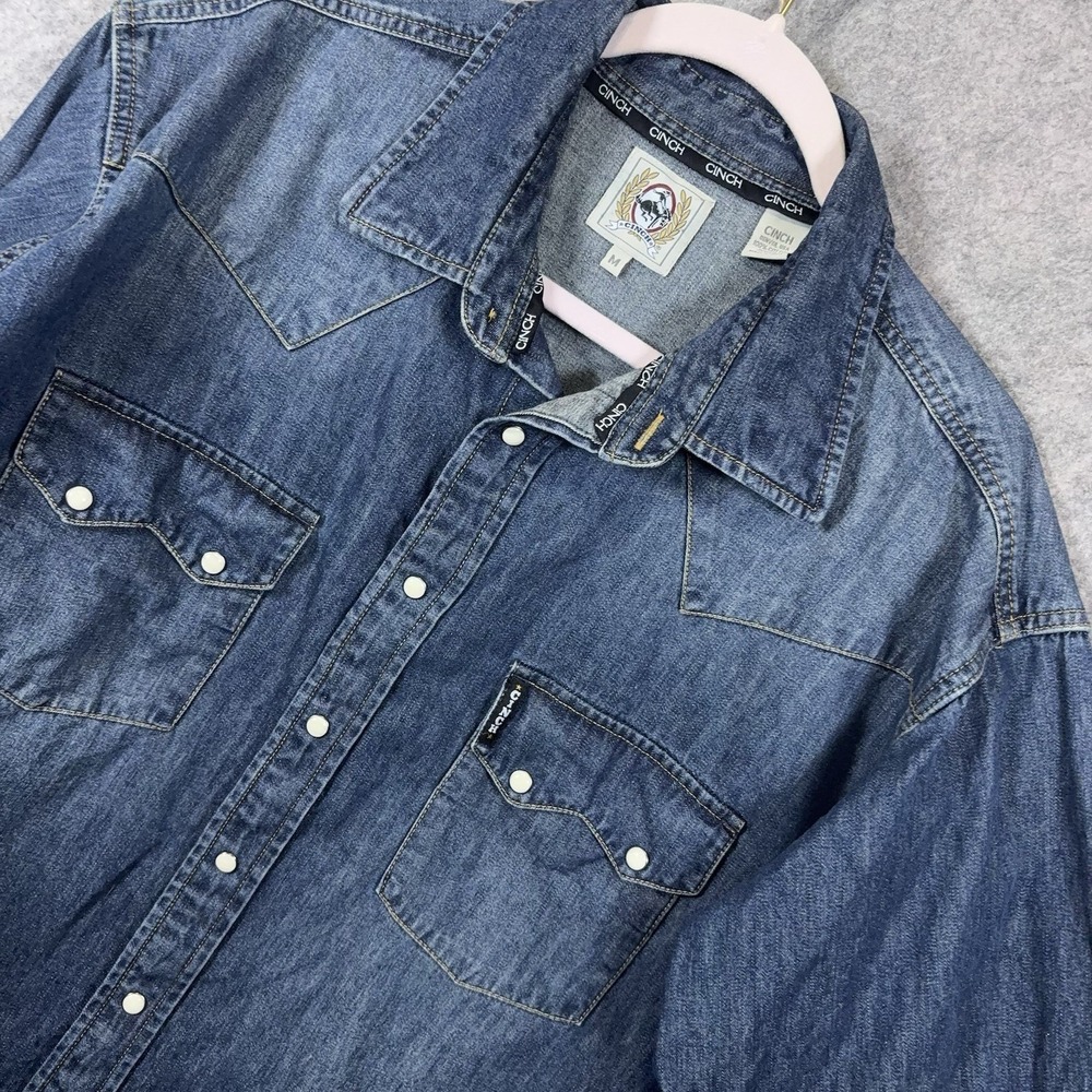 Cinch Denim Shirt Men Sz M Faded Blue Pearl Snaps Saw Tooth Western Rodeo Indigo